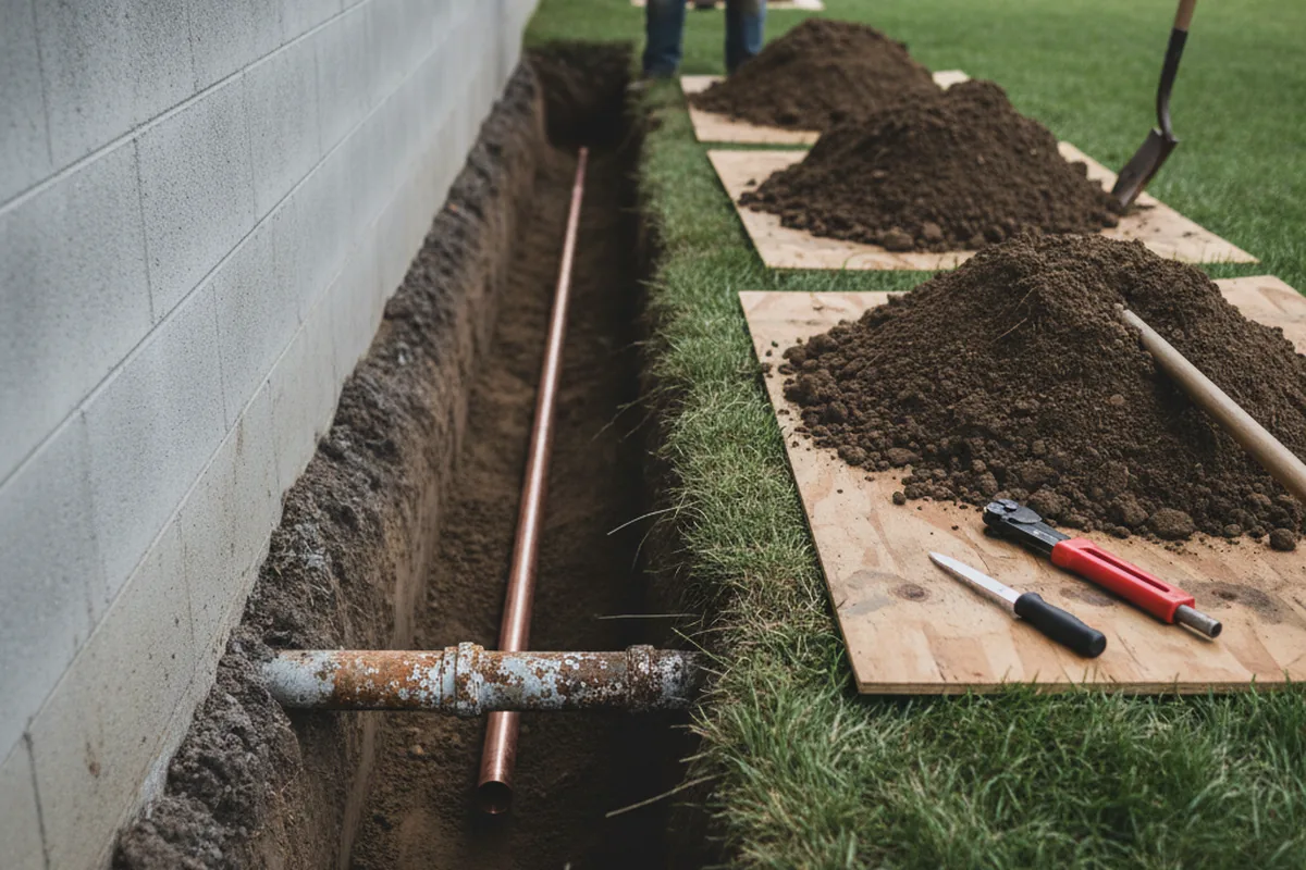 Excavated water line trench during Water Softener Installation in Haw River